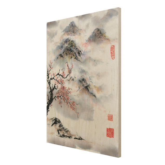 Prints på træ landskaber Japanese Watercolour Drawing Cherry Tree And Mountains