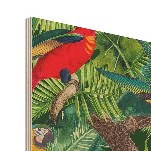 Prints på træ Colourful Collage - Parrots In The Jungle