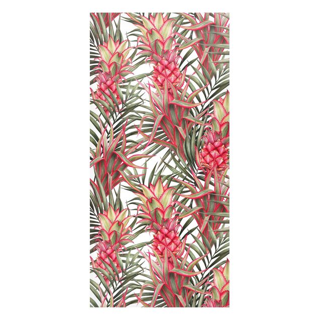 Magnettavler blomster Red Pineapple With Palm Leaves Tropical