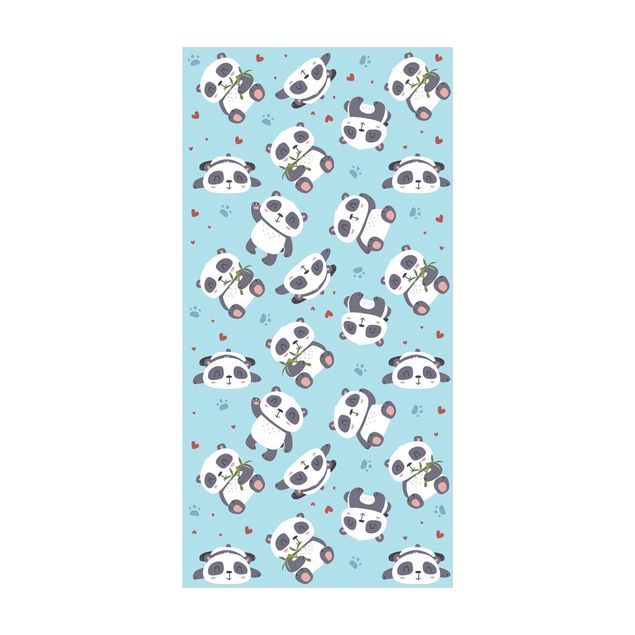 moderne tæppe Cute Panda With Paw Prints And Hearts Pastel Blue