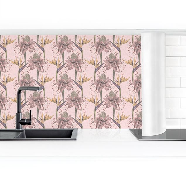 Køkken stænkplade Floral Elegance Vintage Strelitzia On Pink Backdrop XXL