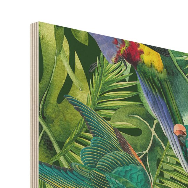 Prints på træ Colourful Collage - Parrots In The Jungle