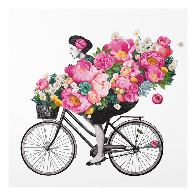 køkken dekorationer Illustration Woman On Bicycle Collage Colourful Flowers