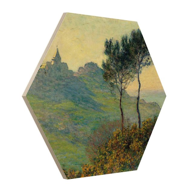 Prints på træ landskaber Claude Monet - The Church Of Varengeville At Evening Sun