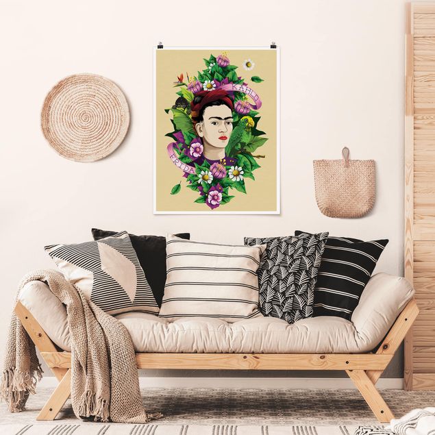 Plakater blomster Frida Kahlo - Frida, Monkey And Parrot