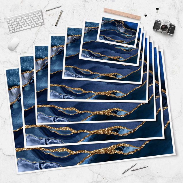 Plakater Golden Glitter Waves Blue Backdrop