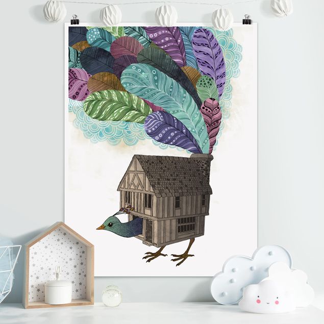 Plakater kunsttryk Illustration Birdhouse With Feathers