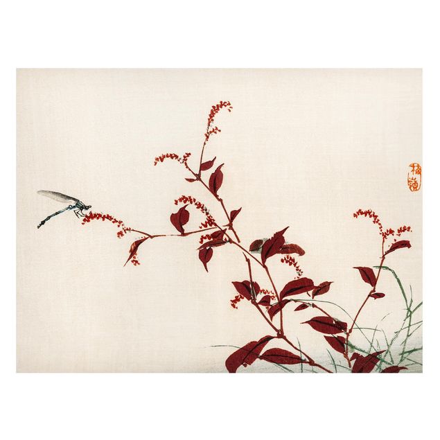 Magnettavler blomster Asian Vintage Drawing Red Branch With Dragonfly
