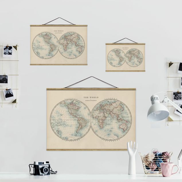 Stofbilleder Vintage World Map The Two Hemispheres