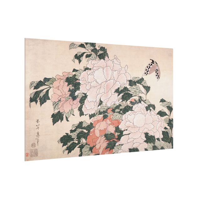 Stænkplader glas blomster Katsushika Hokusai - Pink Peonies With Butterfly