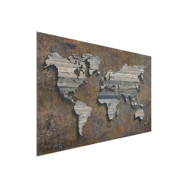 Glasbilleder verdenskort Wooden Grid World Map