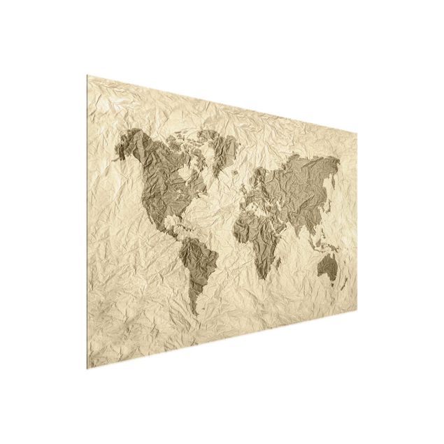 Glasbilleder verdenskort Paper World Map Beige Brown