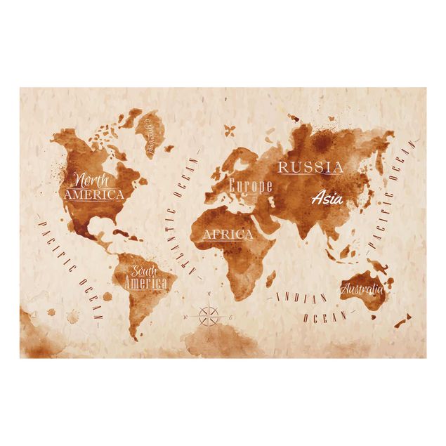 Glasbilleder verdenskort World Map Watercolour Beige Brown