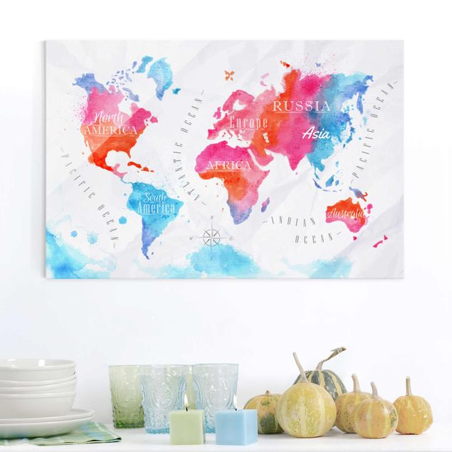 køkken dekorationer World Map Watercolour Red Blue