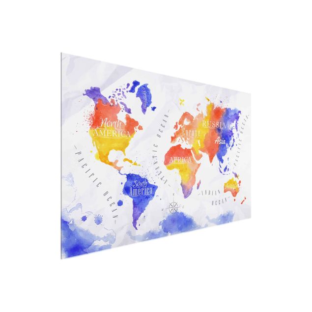 Glasbilleder verdenskort World Map Watercolour Purple Red Yellow