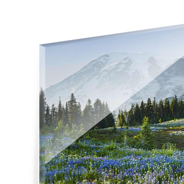 Glasbilleder blomster Mountain Meadow With Blue Flowers in Front of Mt. Rainier