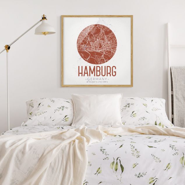 Indrammede plakater sort og hvid Hamburg City Map - Retro