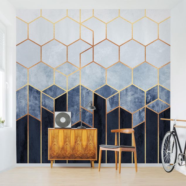Tapet moderne Golden Hexagons Blue White