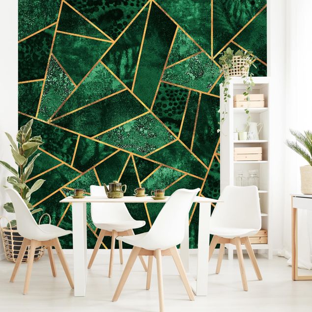 Geometrisk tapet Dark Emerald With Gold