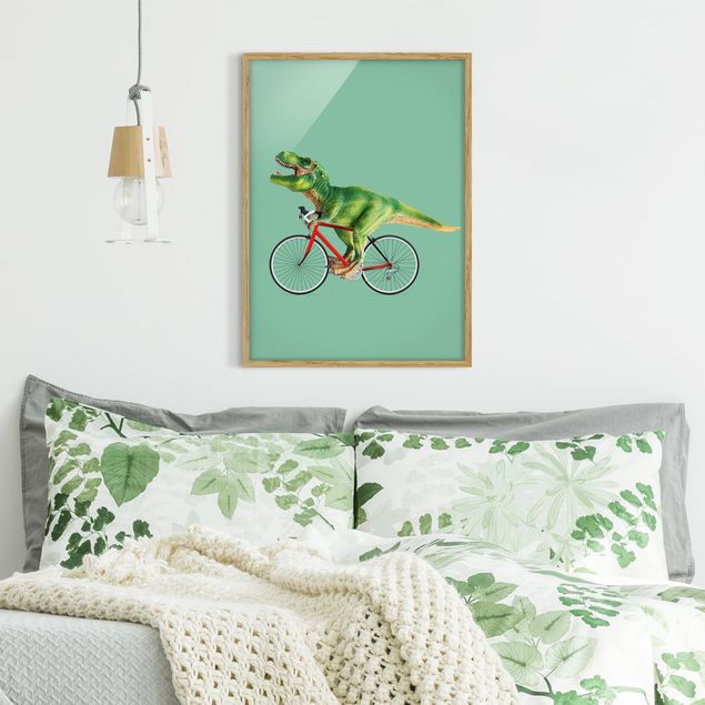Indrammede plakater dyr Dinosaur With Bicycle
