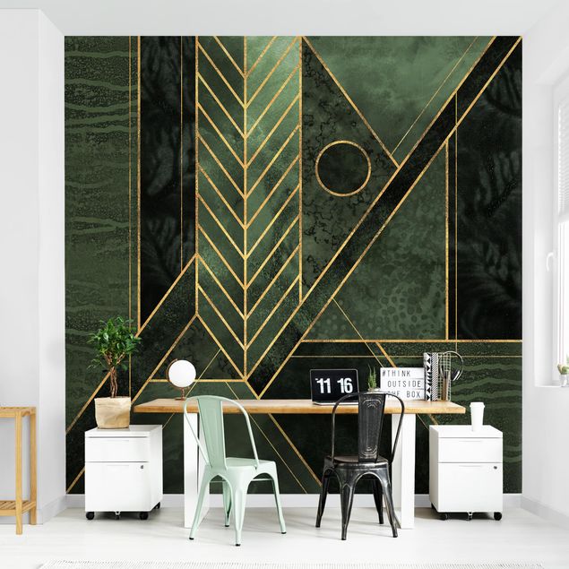 Tapet mønster Geometric Shapes Emerald Gold
