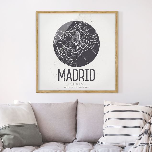 Indrammede plakater sort og hvid Madrid City Map - Retro