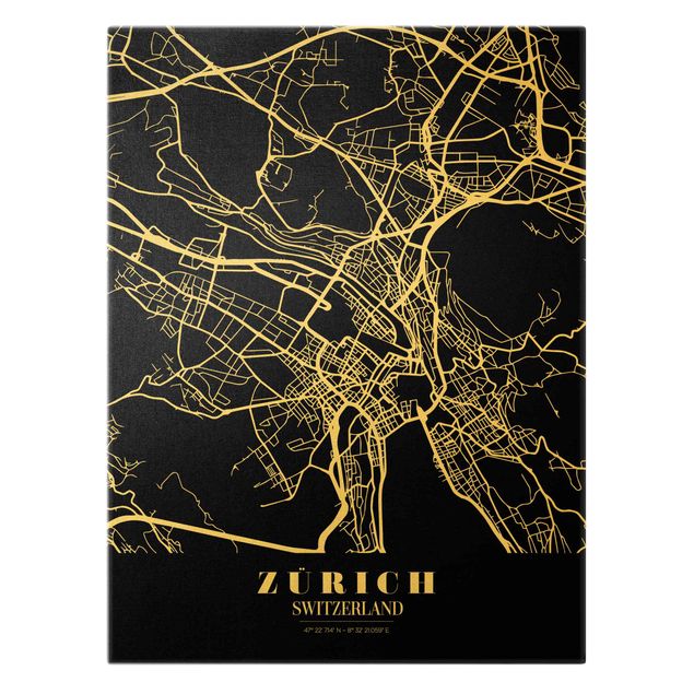 Billeder på lærred guld Zurich City Map - Classic Black