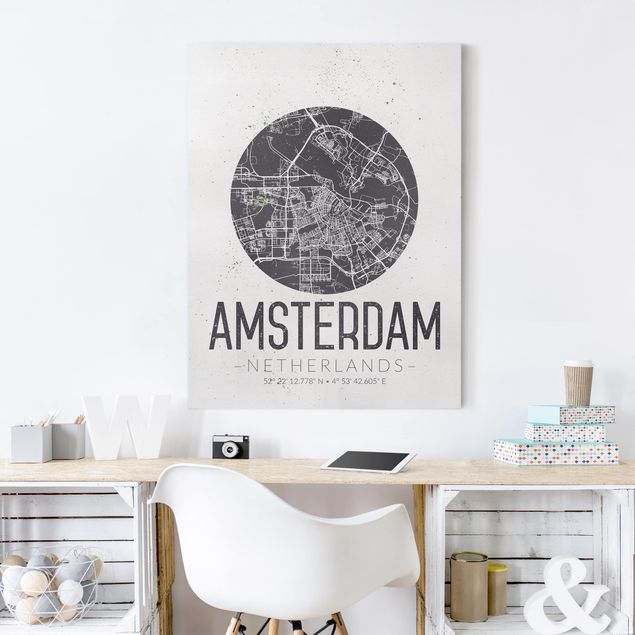 Billeder på lærred sort og hvid Amsterdam City Map - Retro