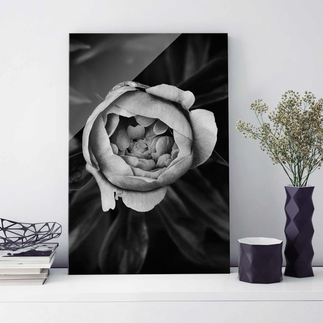 Glas magnettavla Peonies In Front Of Leaves Black And White
