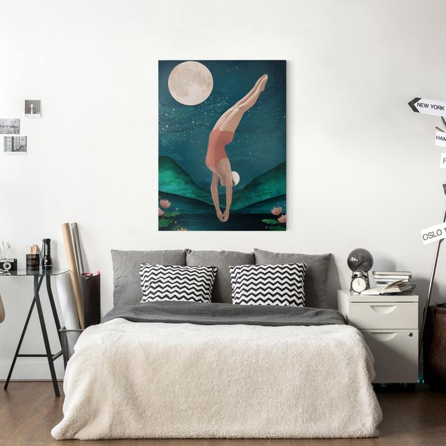 Billeder på lærred kunsttryk Illustration Bather Woman Moon Painting
