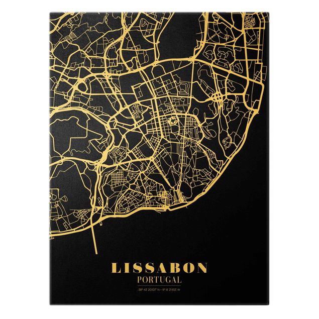 Billeder på lærred guld Lisbon City Map - Classic Black