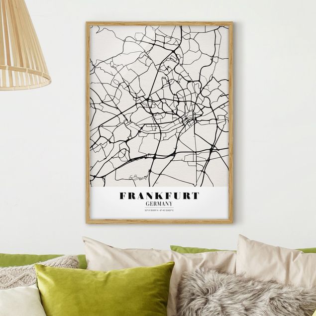 Indrammede plakater sort og hvid Frankfurt City City Map - Classical
