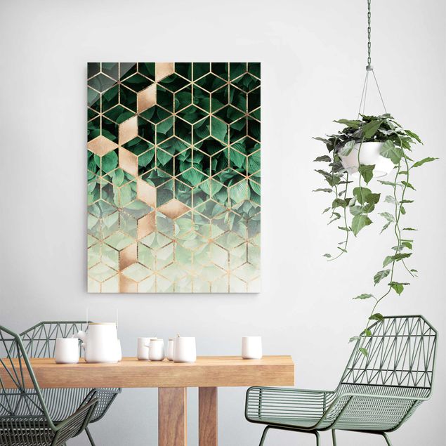 Billeder 3D Green Leaves Golden Geometry