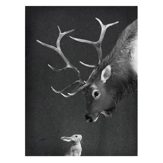 Billeder på lærred sort og hvid Illustration Deer And Rabbit Black And White Drawing