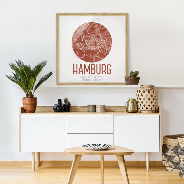 Indrammede plakater verdenskort Hamburg City Map - Retro