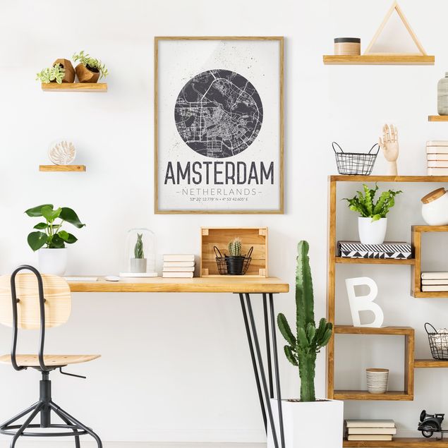 Indrammede plakater verdenskort Amsterdam City Map - Retro