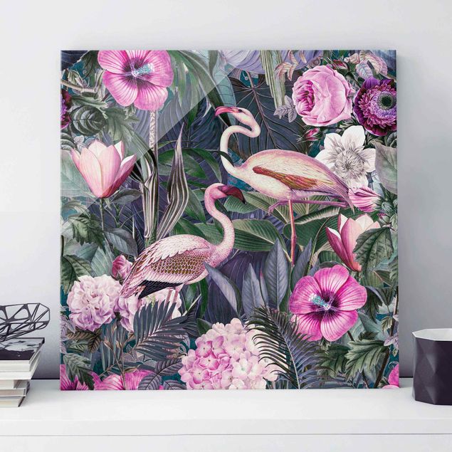 Glasbilleder roser Colourful Collage - Pink Flamingos In The Jungle