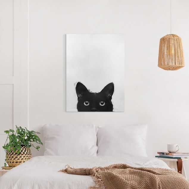 Billeder på lærred katte Illustration Black Cat On White Painting