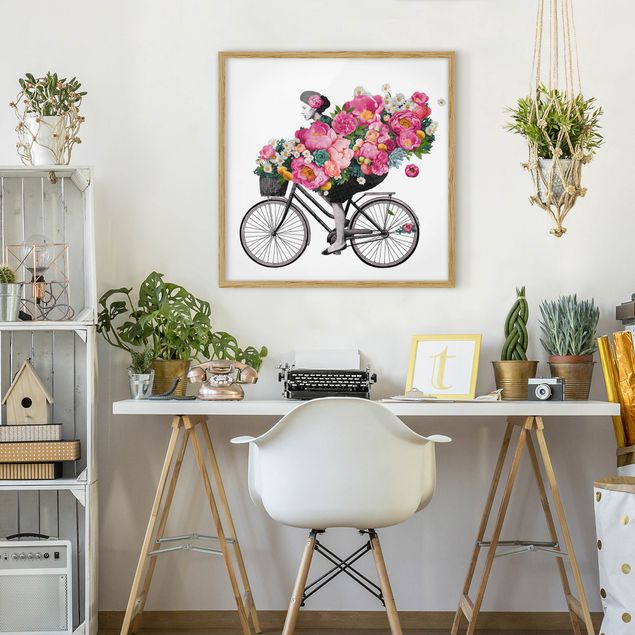 Indrammede plakater blomster Illustration Woman On Bicycle Collage Colourful Flowers