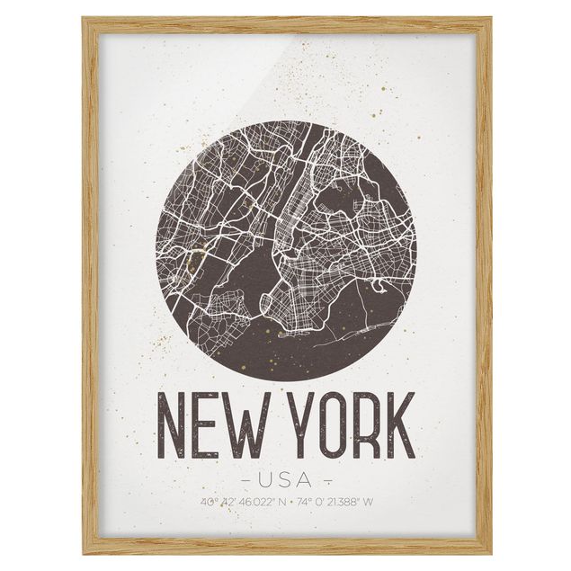 Indrammede plakater verdenskort New York City Map - Retro