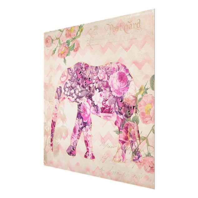 Billeder blomster Vintage Collage - Pink Flowers Elephant