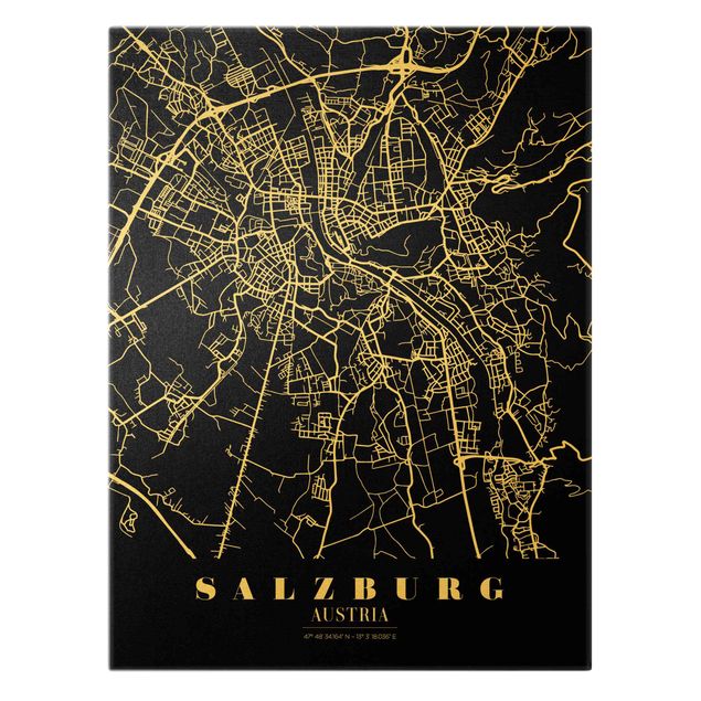 Billeder på lærred guld Salzburg City Map - Classic Black