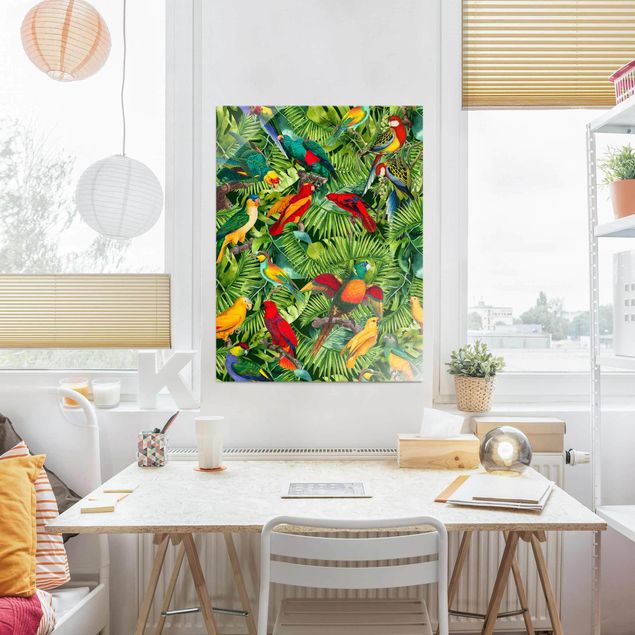 Glasbilleder blomster Colourful Collage - Parrots In The Jungle