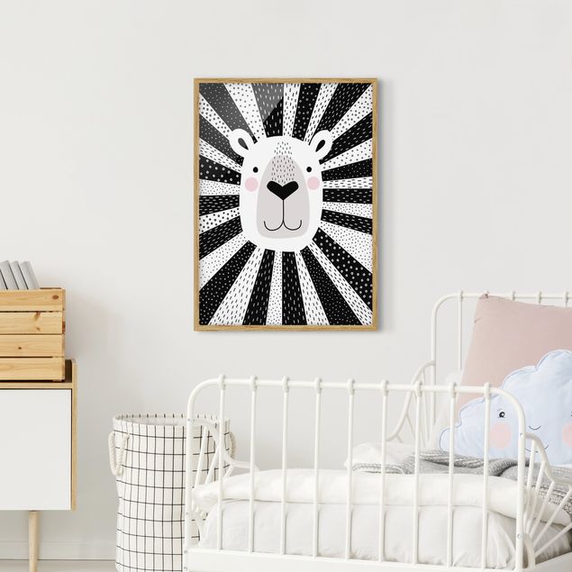 Indrammede plakater sort og hvid Zoo With Patterns - Lion