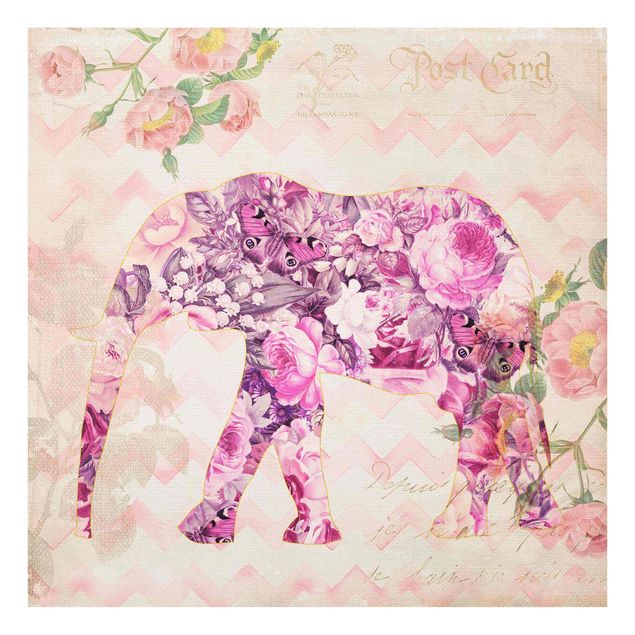 Glasbilleder blomster Vintage Collage - Pink Flowers Elephant