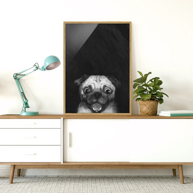 Indrammede plakater sort og hvid Illustration Dog Pug Painting On Black And White