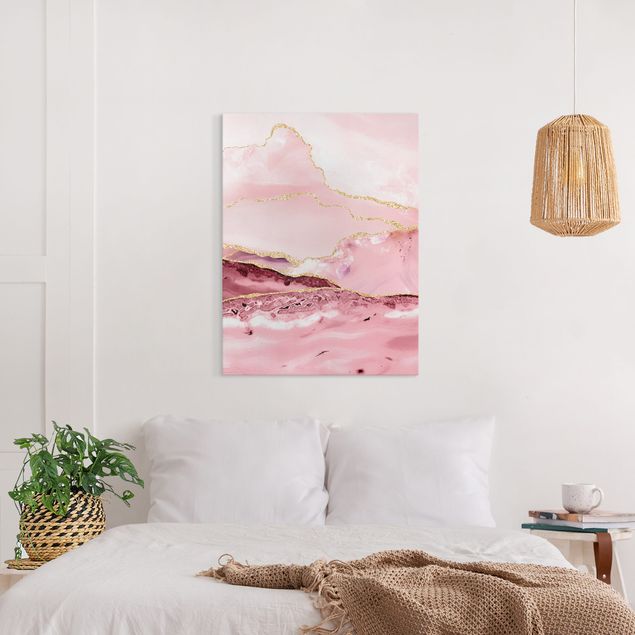 Billeder på lærred stenlook Abstract Mountains Pink With Golden Lines