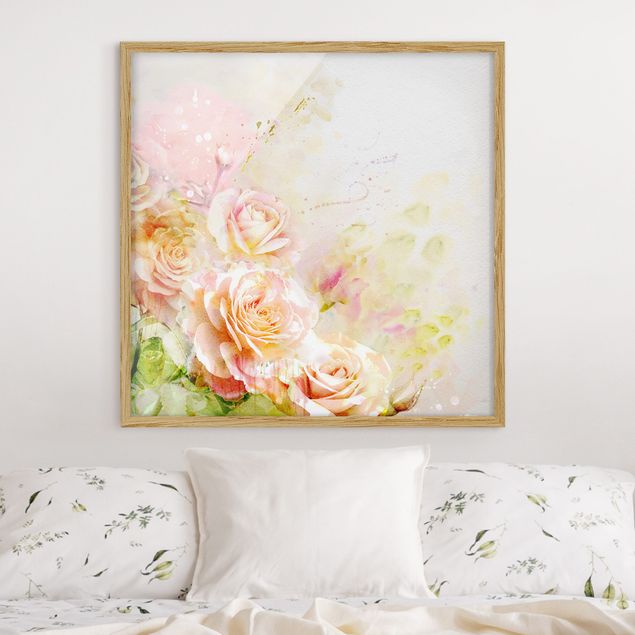 Indrammede plakater blomster Watercolour Rose Composition