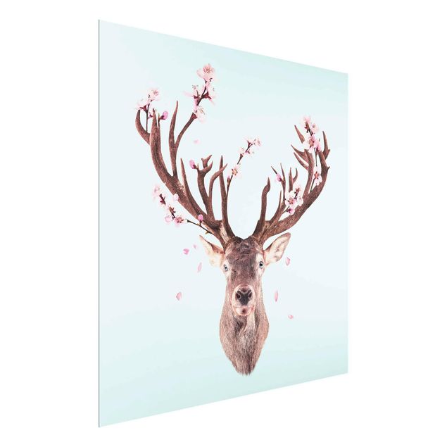 Glasbilleder blomster Deer With Cherry Blossoms