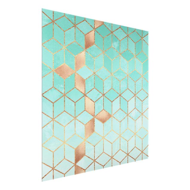 Glasbilleder abstrakt Turquoise White Golden Geometry